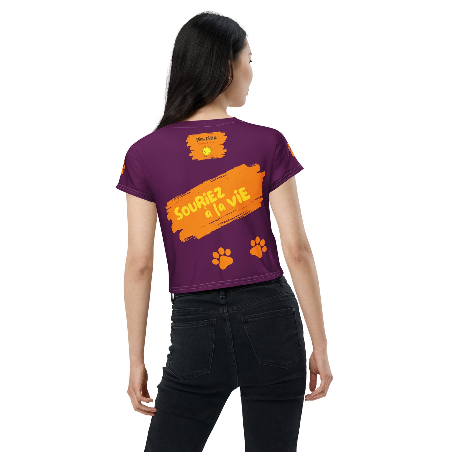 T-shirt Crop-Top lenox Souriez à la vie fond aubergine