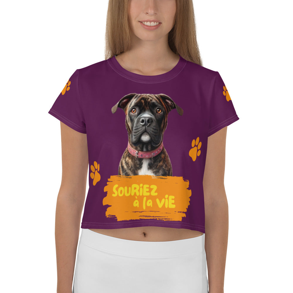 T-shirt Crop-Top lenox Souriez à la vie fond aubergine