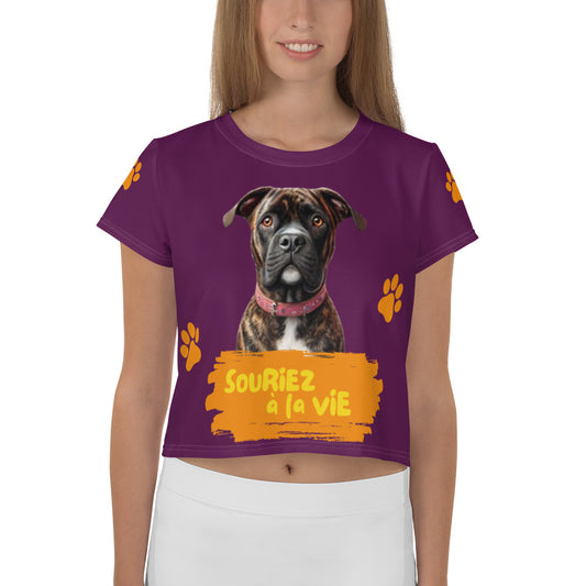 T-shirt Crop-Top lenox Souriez à la vie fond aubergine