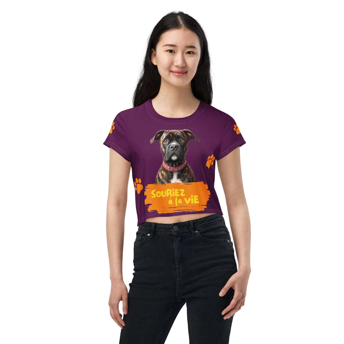 T-shirt Crop-Top lenox Souriez à la vie fond aubergine