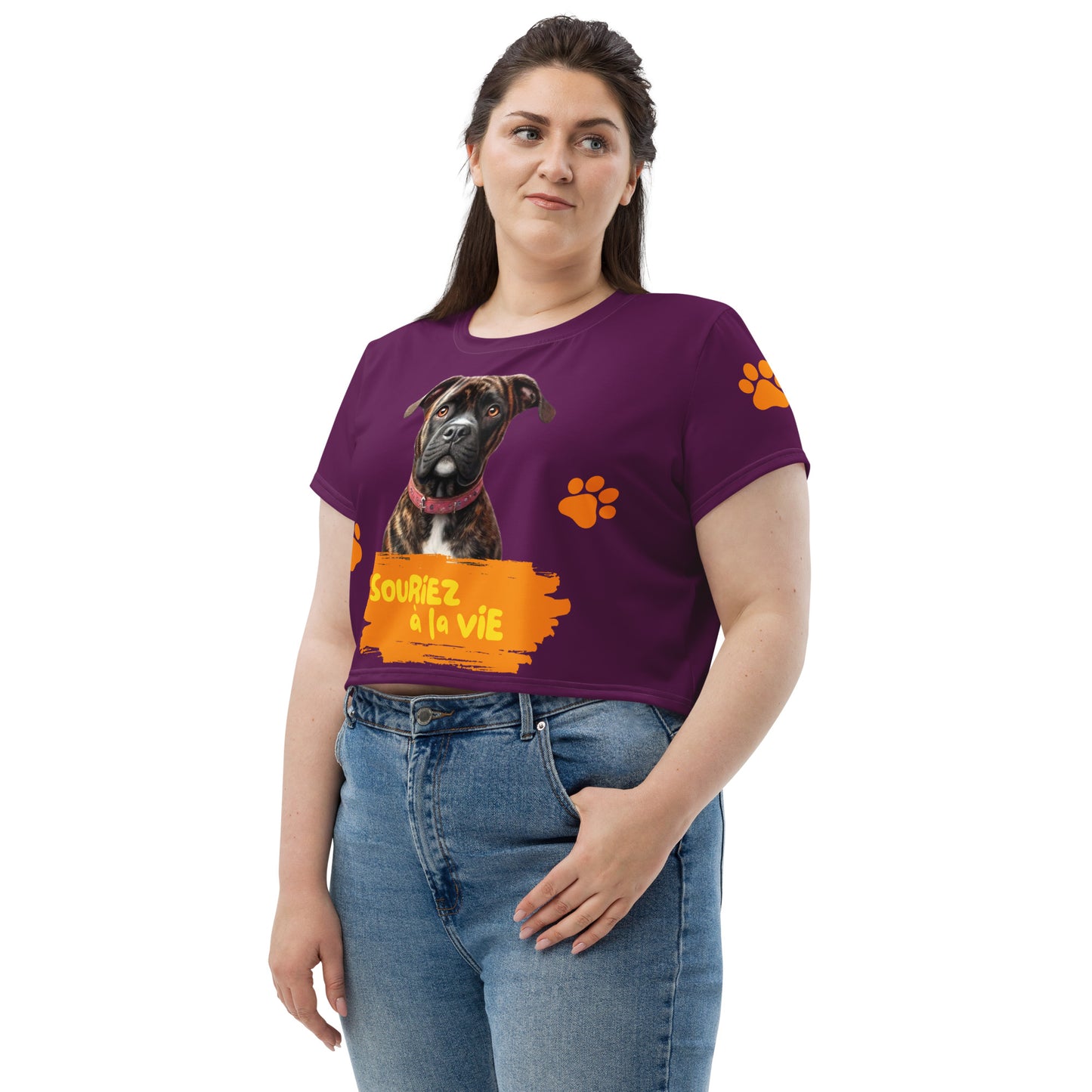 T-shirt Crop-Top lenox Souriez à la vie fond aubergine