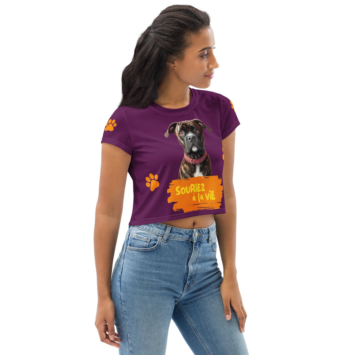 T-shirt Crop-Top lenox Souriez à la vie fond aubergine