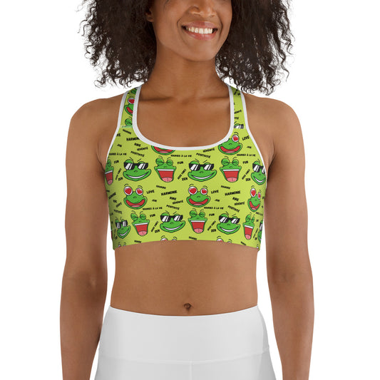 Brassière de Sport Grenouilles amusantes "Souriez à la Vie" - Miss Didine fond vert anis