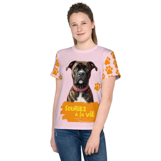 T-shirt enfant et ados 'Souriez à la vie' avec Lenox la mascotte de Souriez à la vie Miss Didine fond rose pale