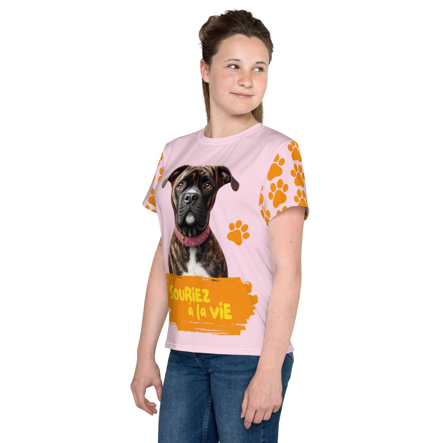 T-shirt enfant et ados 'Souriez à la vie' avec Lenox la mascotte de Souriez à la vie Miss Didine fond rose pale