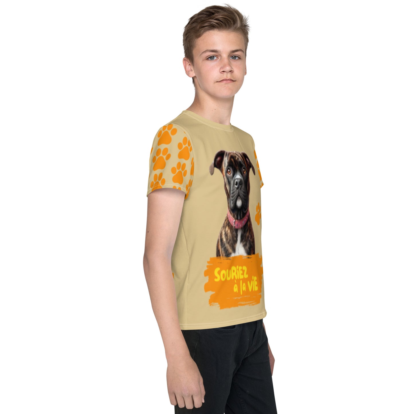 T-shirt enfant et ados 'Souriez à la vie' avec Lenox la mascotte de Souriez à la vie Miss Didine fond beige